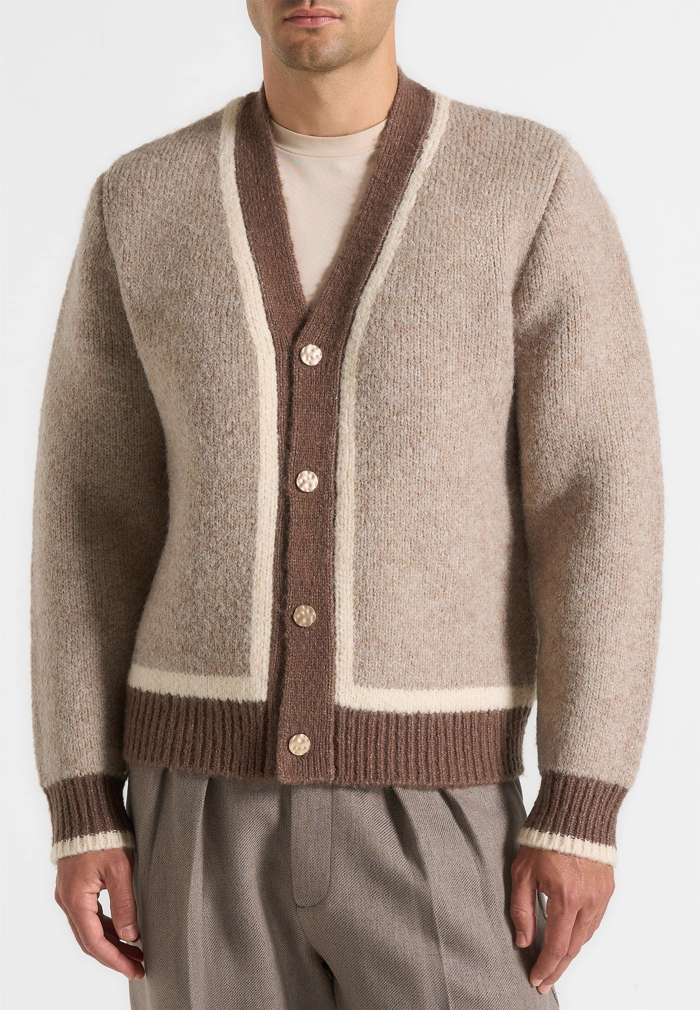 Textured Weave Design Layered Knit Elon - Wool Knit Contrast Cardigan - Beige