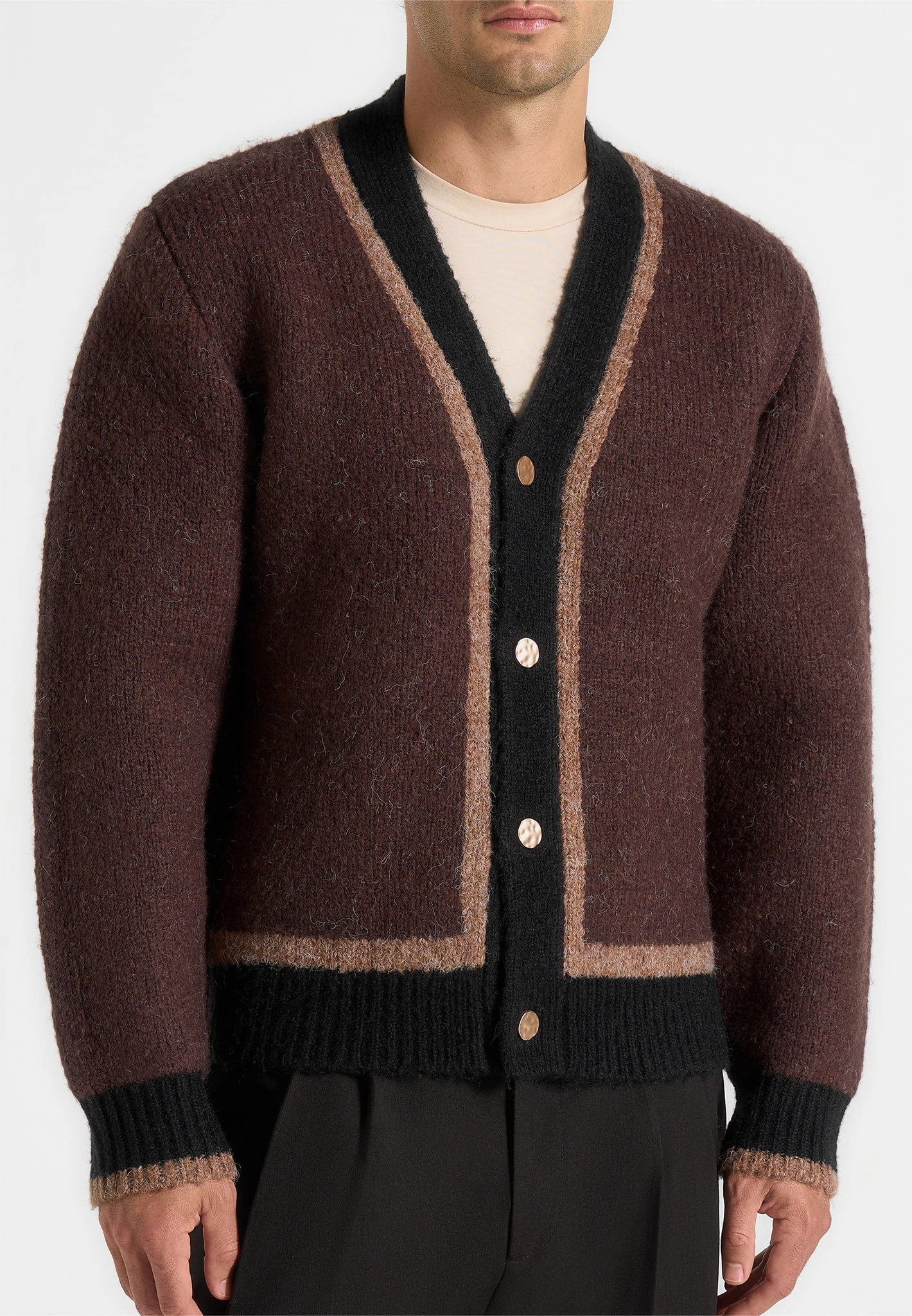 Elon - Wool Knit Contrast Cardigan - Brown Smart touch