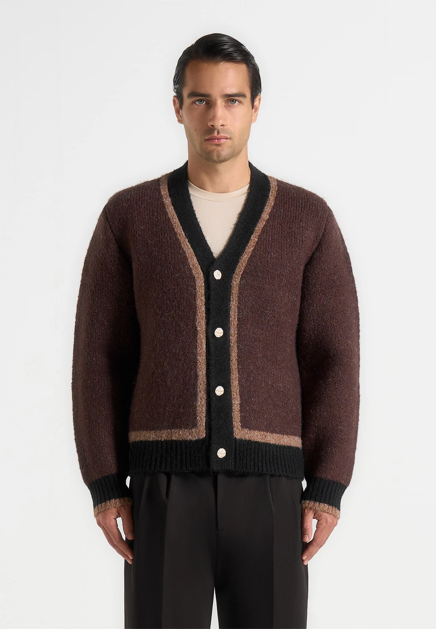 WideRibbed Texture Elon - Wool Knit Contrast Cardigan - Brown