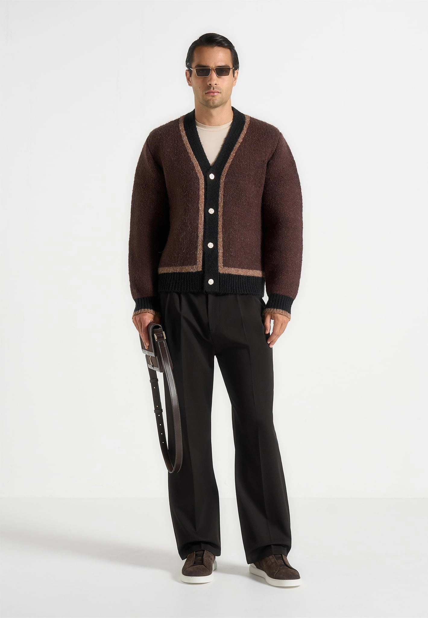 Weekend Outfit Lightweight Stretch Fabric Elon - Wool Knit Contrast Cardigan - Brown