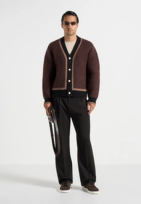 Elon - Wool Knit Contrast Cardigan - Brown Rolled Cuffs