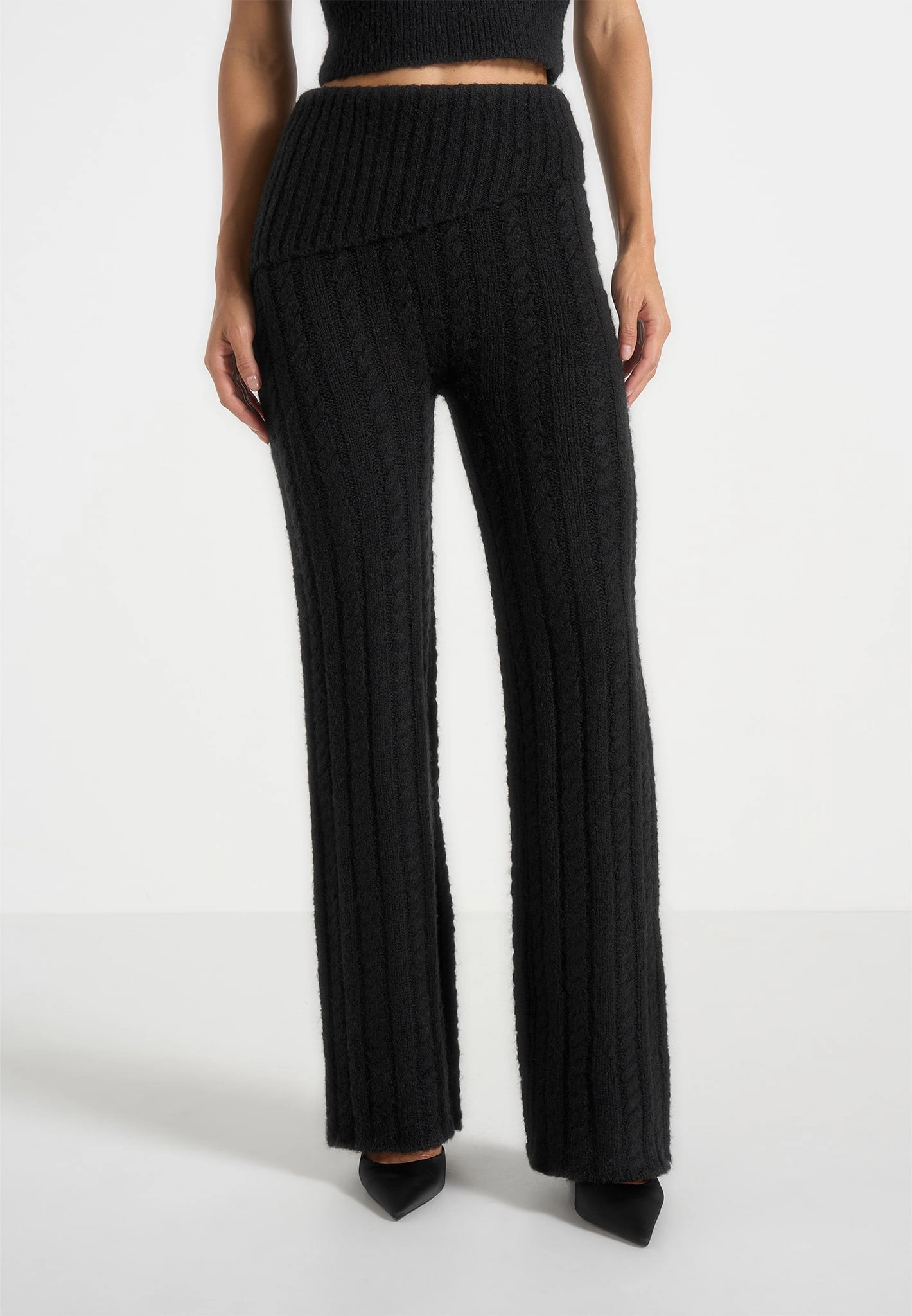 Cashmere Blend Soft Touch Brushed Surface Elvy - Cable Knit Foldover Fit & Flare Bottoms - Black
