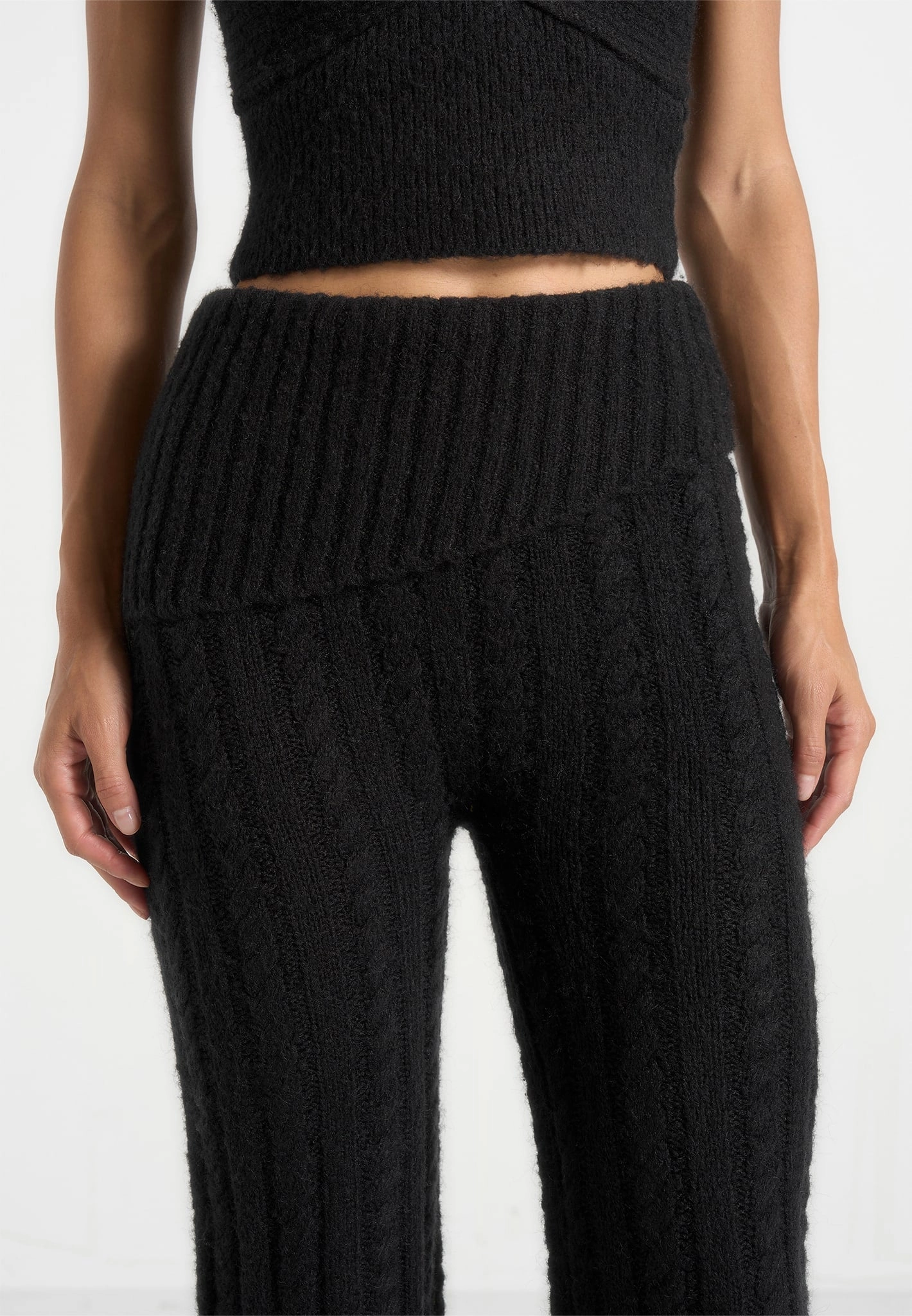 Elvy - Cable Knit Foldover Fit & Flare Bottoms - Black Stylish Choice