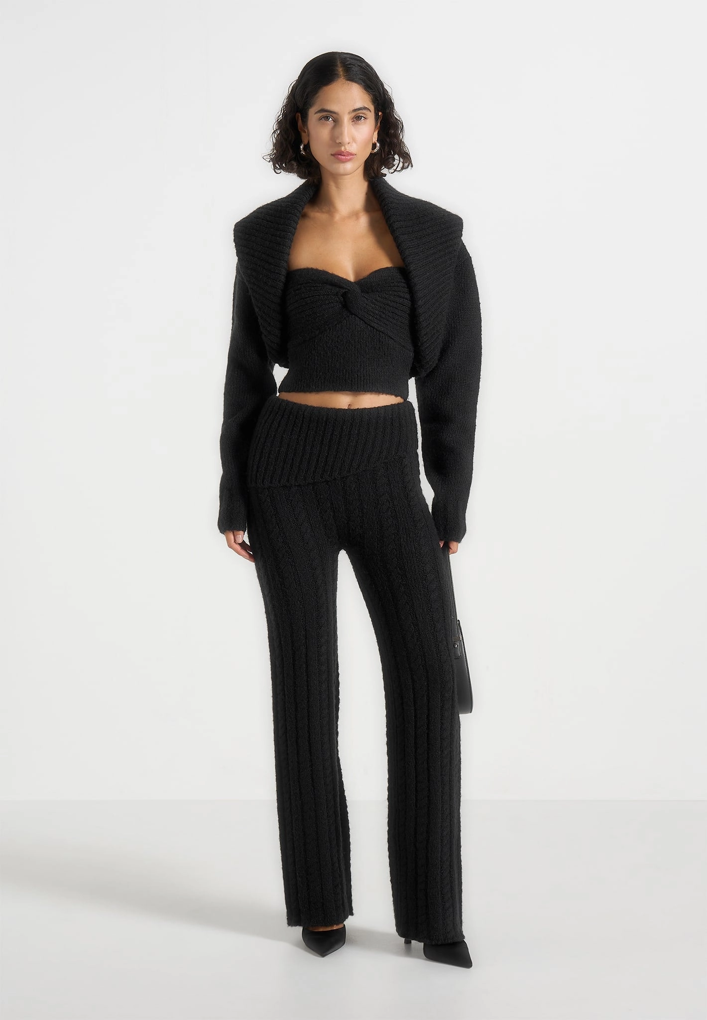 Elvy - Cable Knit Foldover Fit & Flare Bottoms - Black Understated Charm
