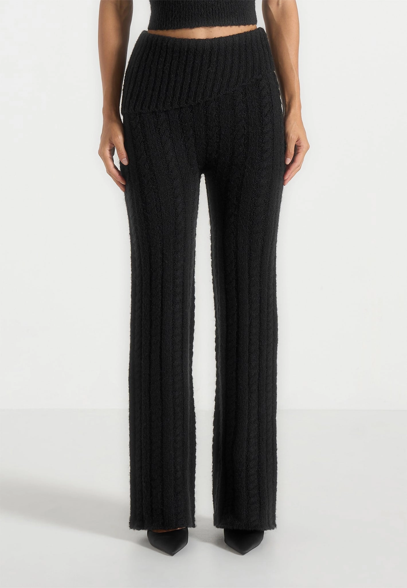 Elvy - Cable Knit Foldover Fit & Flare Bottoms - Black Stretch Knit Backing
