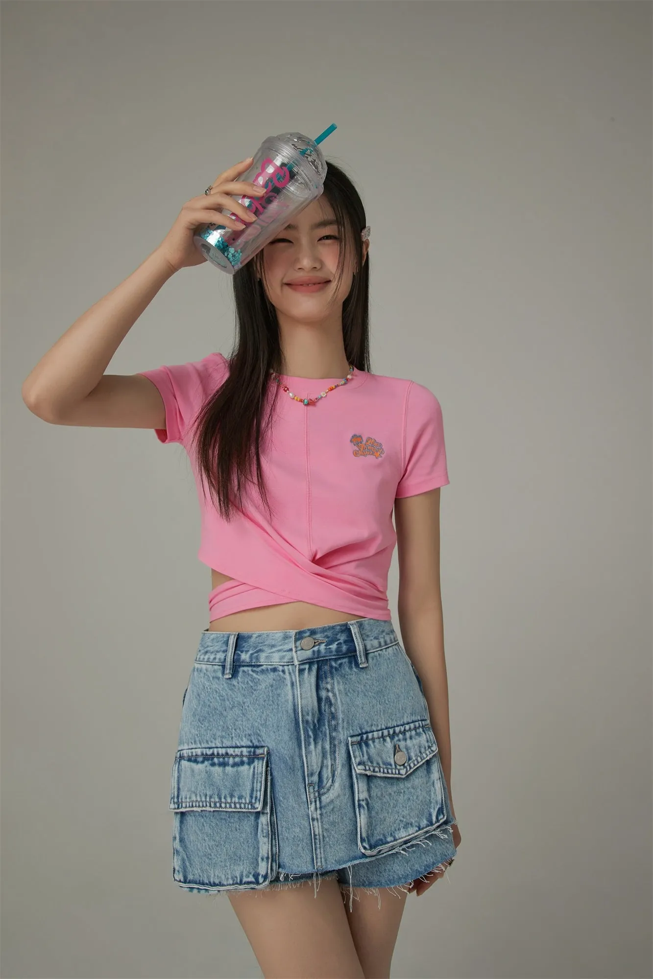 Embroidered Slim Back Cutout Cropped T-Shirt