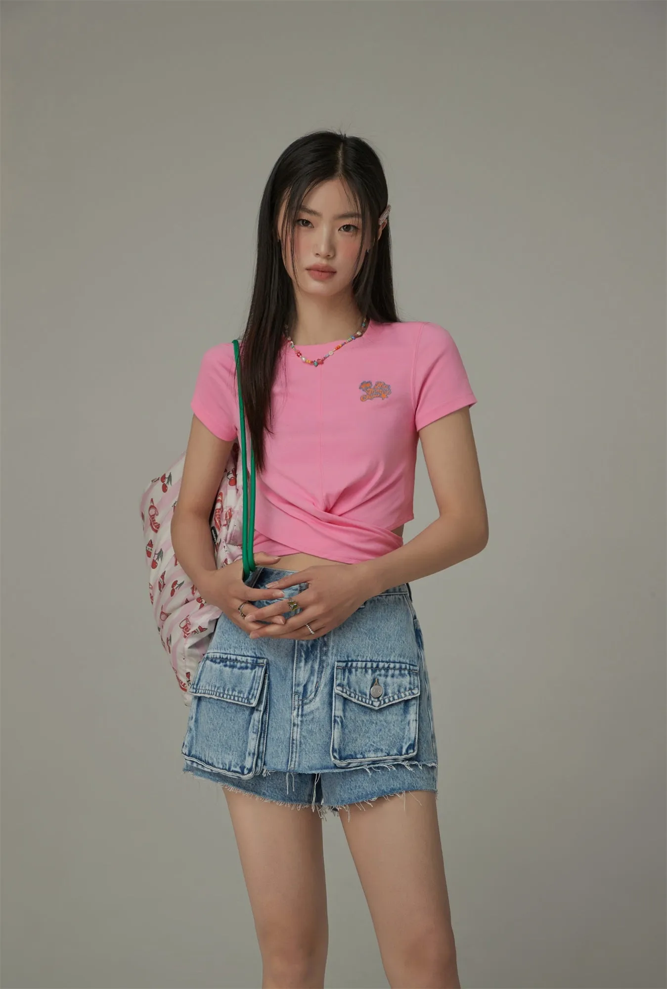 Embroidered Slim Back Cutout Cropped T-Shirt