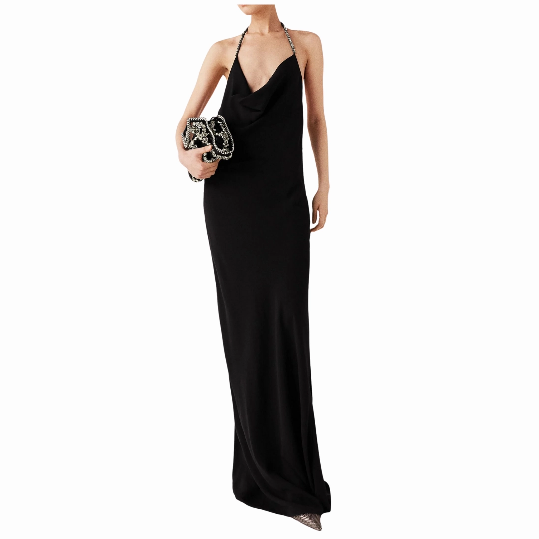 Elegant brunch outfit Relaxed Layer Plunge Crystal Halterneck Maxi Dress