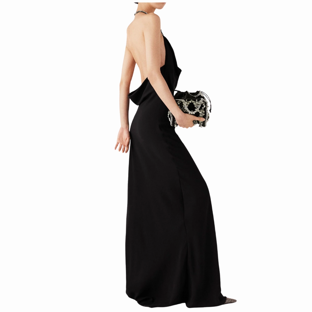 Coastal Soft Plunge Crystal Halterneck Maxi Dress