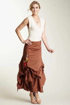 Embroidered Stretch Poplin Balloon Skirt - Brown Contrast Panel