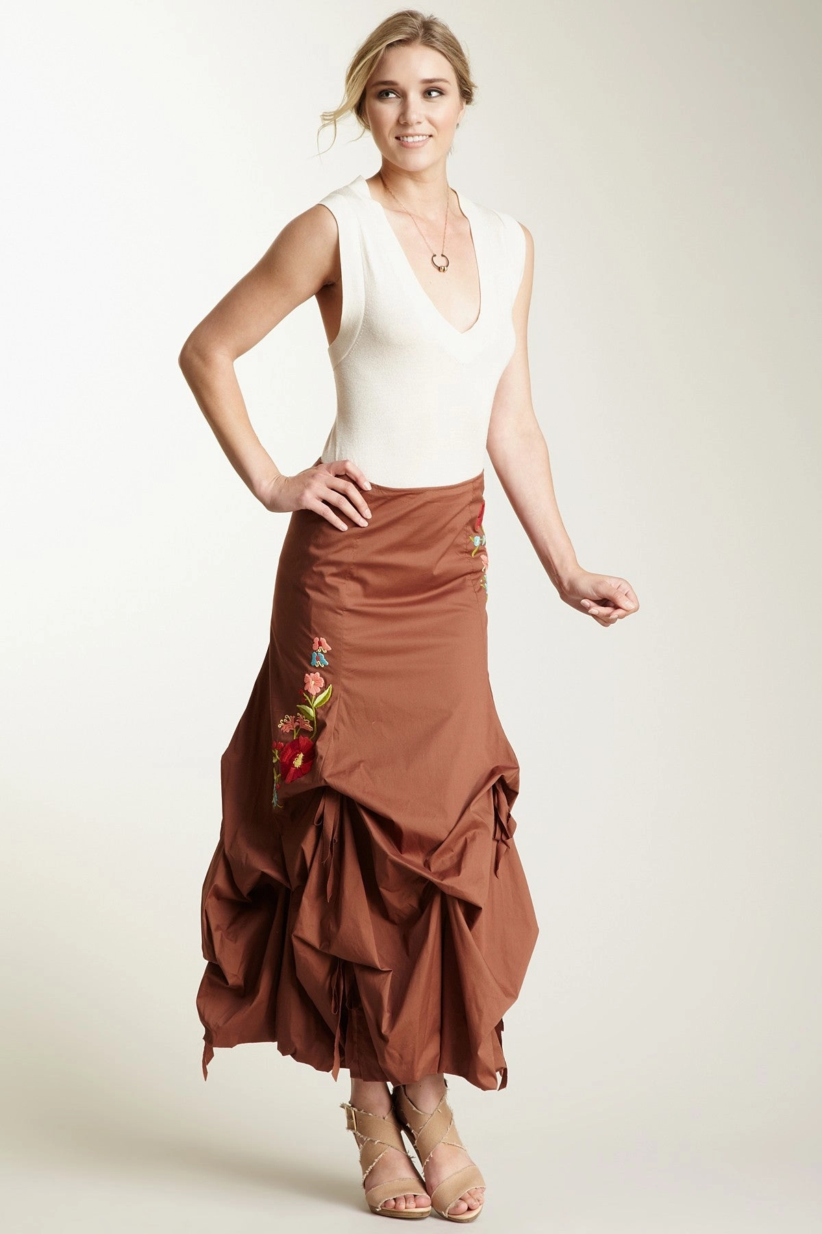 Embroidered Stretch Poplin Balloon Skirt - Brown Travel Influence