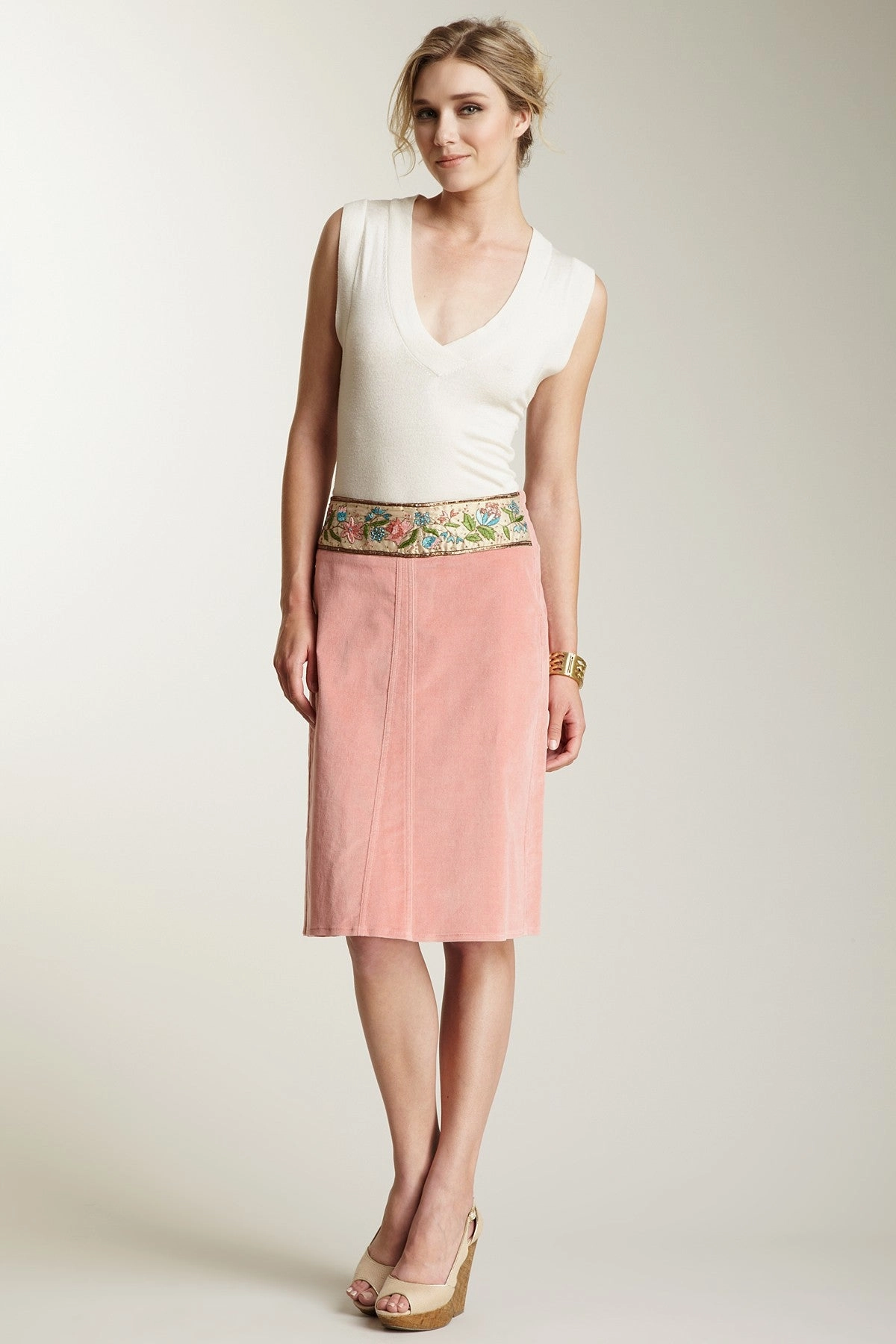 Adjustable Fastening Adjustable Closure Embroidered Waistband Stretch Velveteen Skirt - Blush