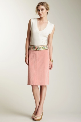 Invisible Seams Embroidered Waistband Stretch Velveteen Skirt - Blush