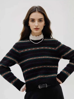 Stretch Ribbing Emmy Lace Collar Neck Stripe Sweater