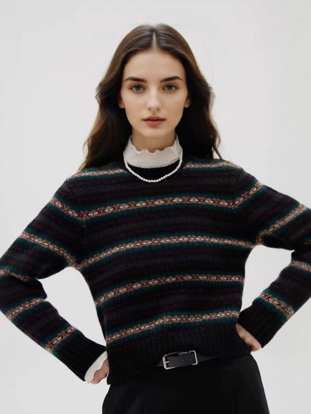 Compression Fit Technology Emmy Lace Collar Neck Stripe Sweater