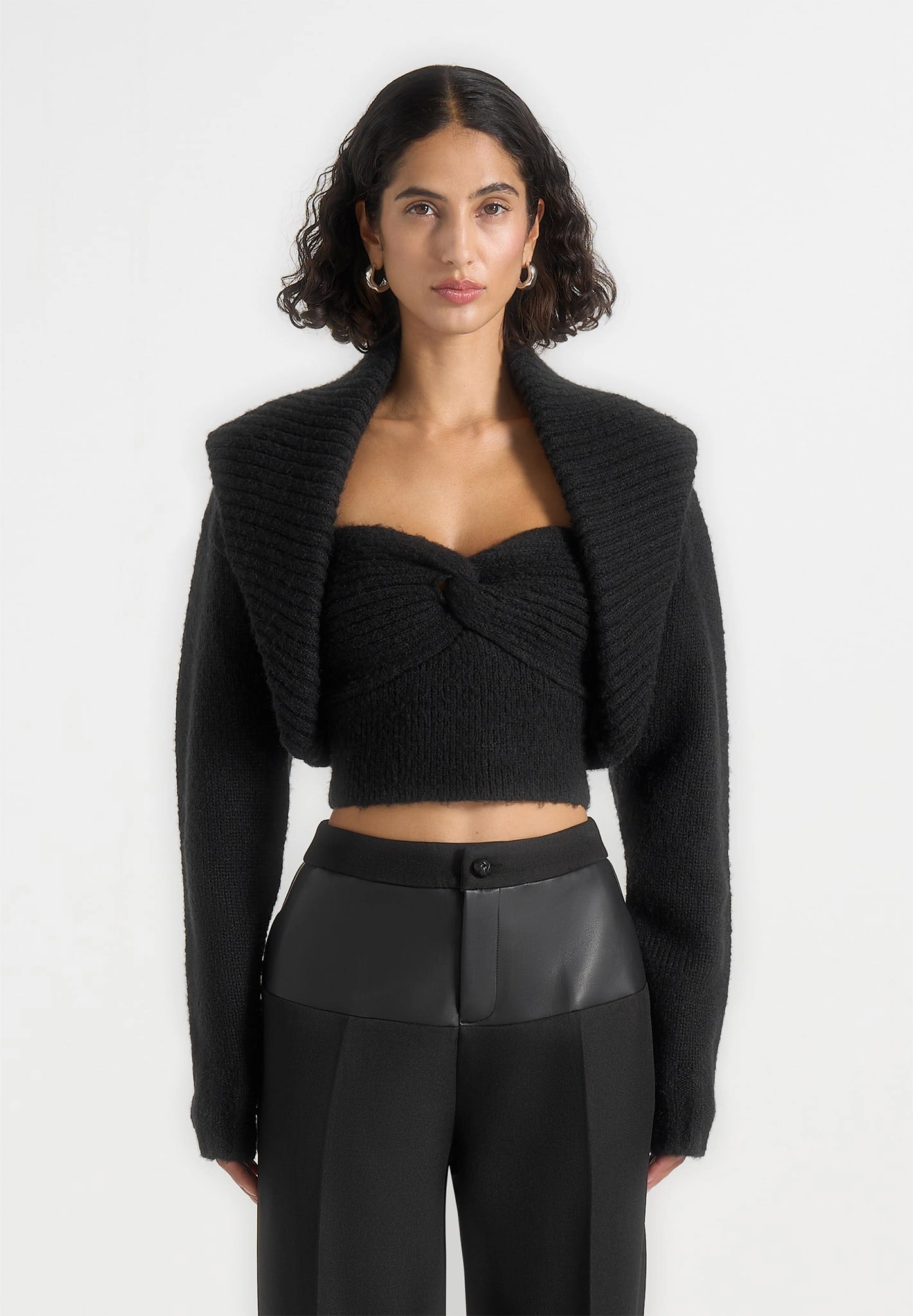 Emya - 2-in-1 Knit Shrug With Twisted Bandeau Top - Black Fray Resistant Edges Moisture Wicking Texture