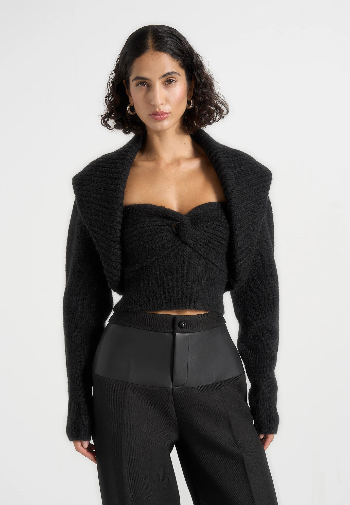 Neutral Tone Colorfast Guide Emya - 2-in-1 Knit Shrug With Twisted Bandeau Top - Black