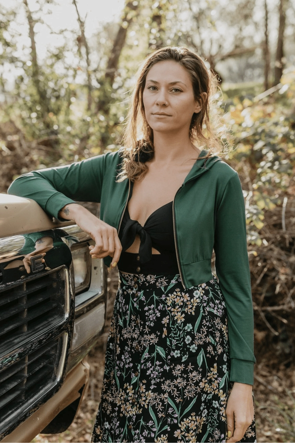 Breathable mesh panel Home Trend Cropped Hoodie in Fern Green Modal