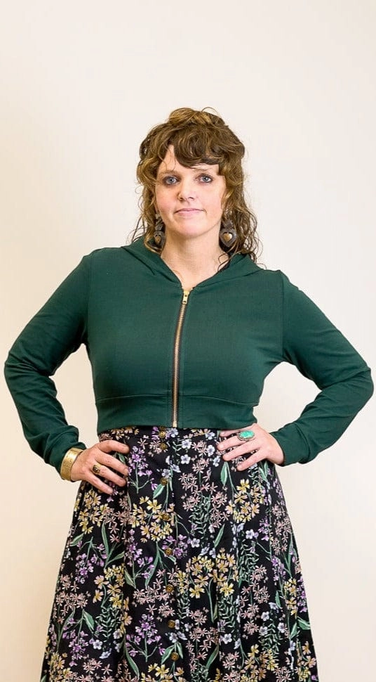 Cropped Hoodie in Fern Green Modal Circular Knit Pattern HandLinked Seams
