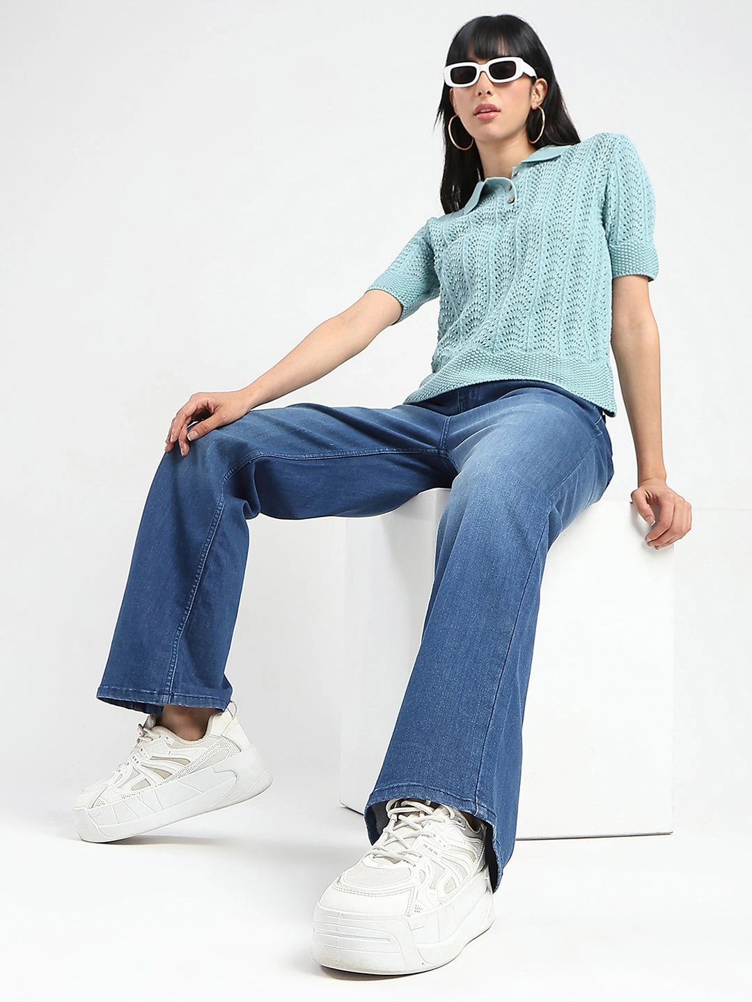 BoxySilhouette Madame Openwork Detail Textured Jade Green Cotton Knitted Top