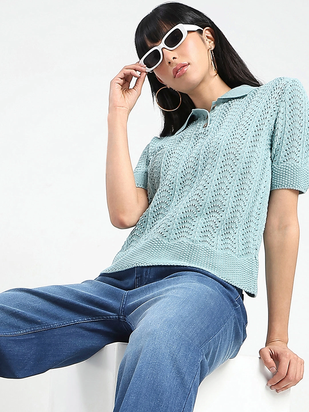 NonChafe Lining Stain Resistant Treatment Madame Openwork Detail Textured Jade Green Cotton Knitted Top