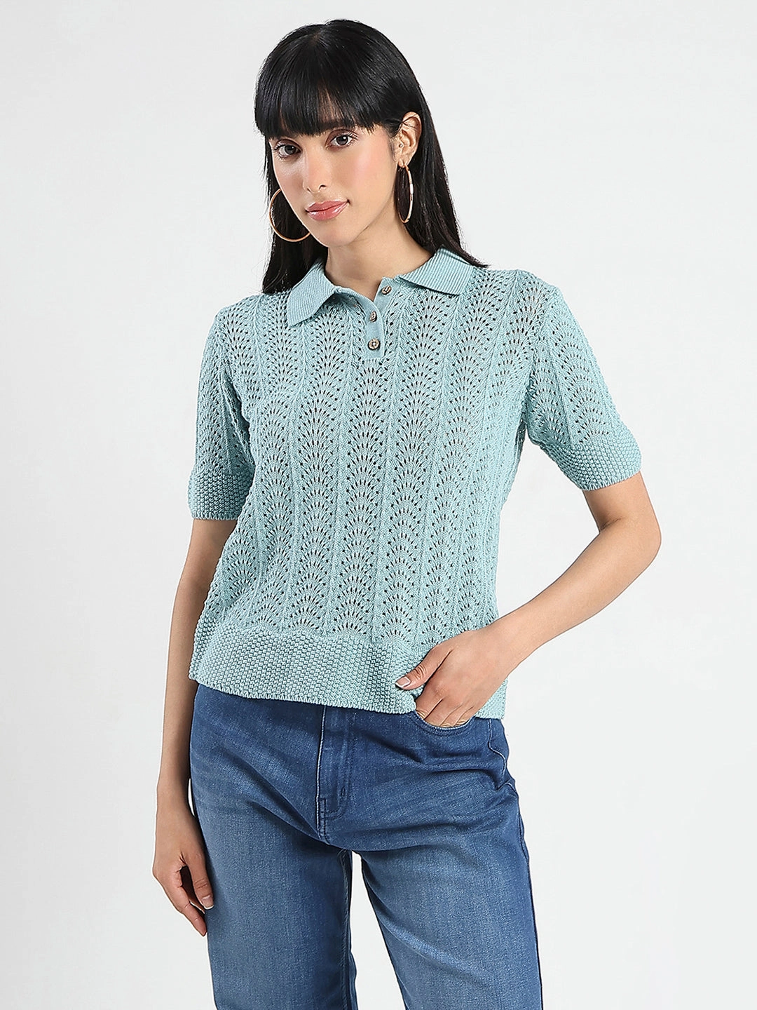 Flattering Drape Madame Openwork Detail Textured Jade Green Cotton Knitted Top
