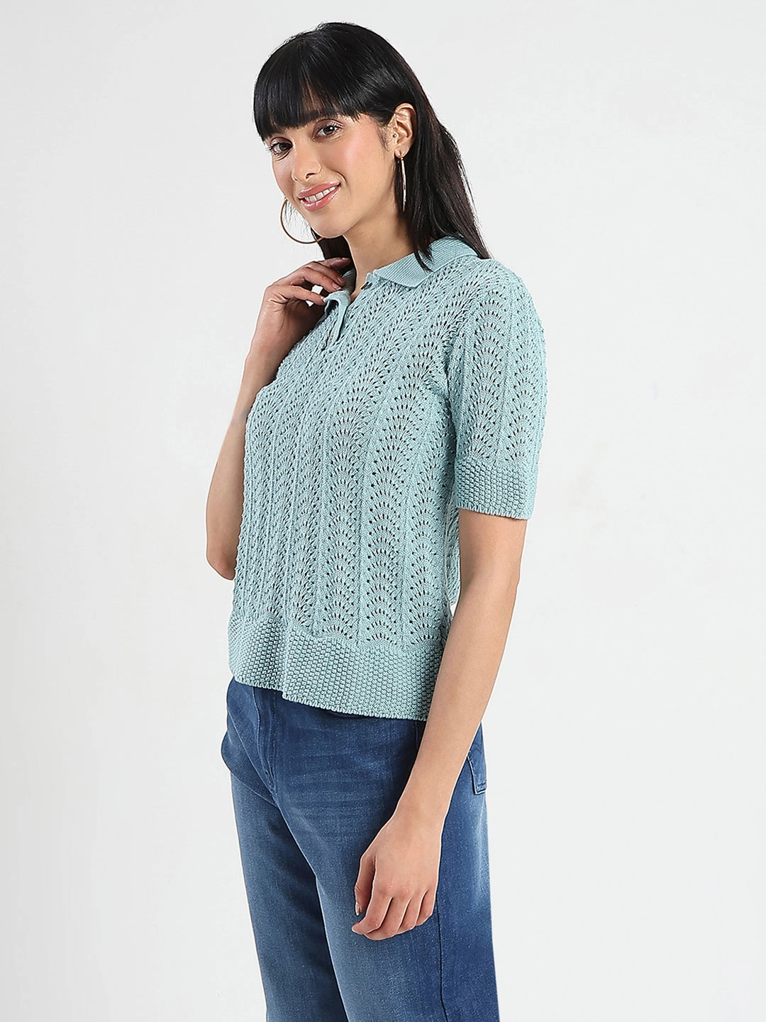 High Collar Option ZeroWaste Pattern Madame Openwork Detail Textured Jade Green Cotton Knitted Top