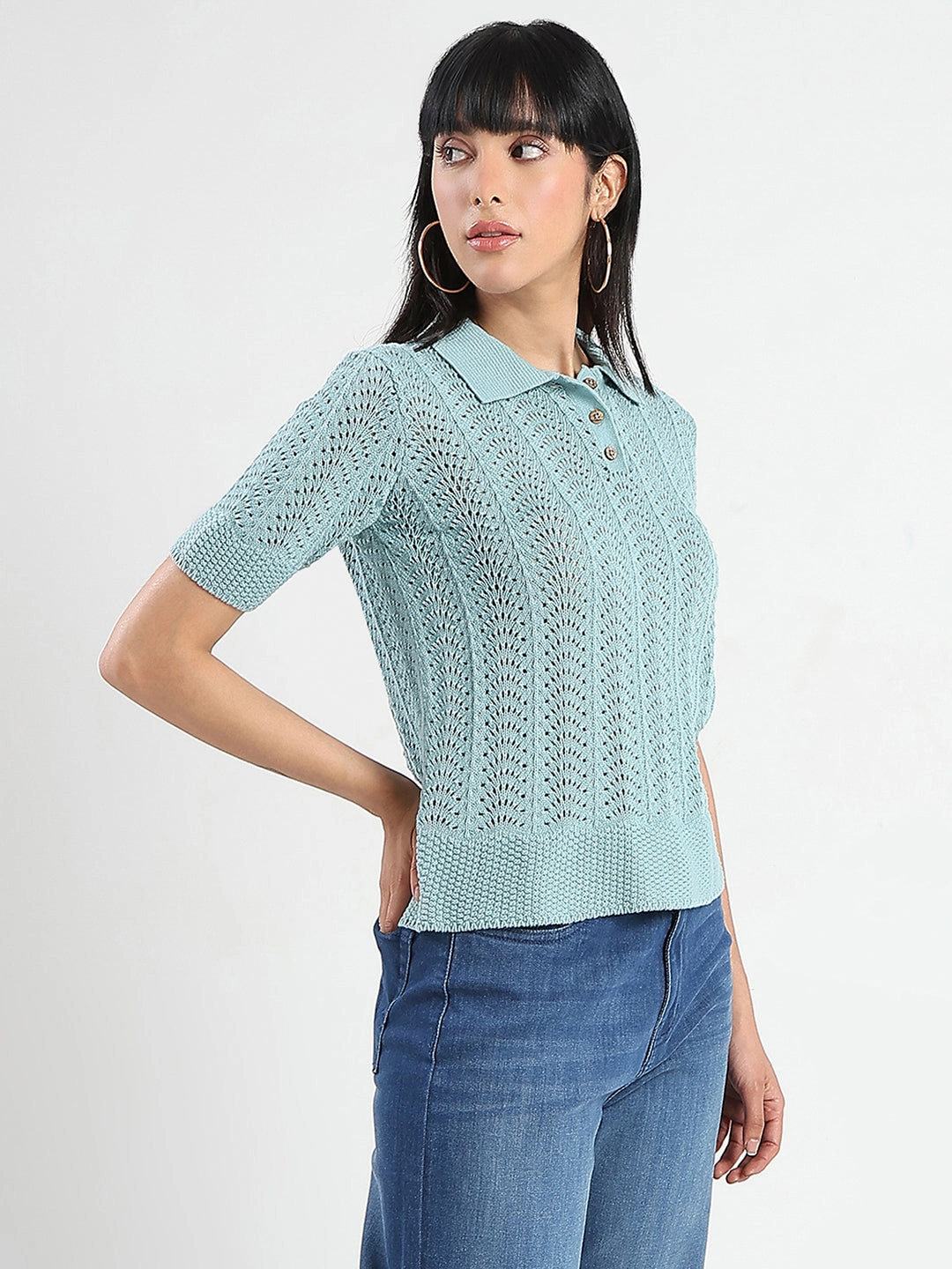 Madame Openwork Detail Textured Jade Green Cotton Knitted Top Tailored Seams Quick Access Zipper