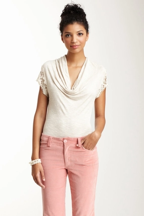 Lacy Cap Sleeve Top - Oatmeal Garment Dyed Finish Easy to Wear