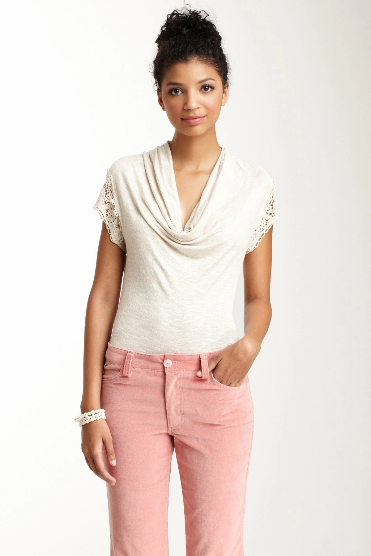 Relaxed Tank Reinforced Hems Lacy Cap Sleeve Top - Oatmeal