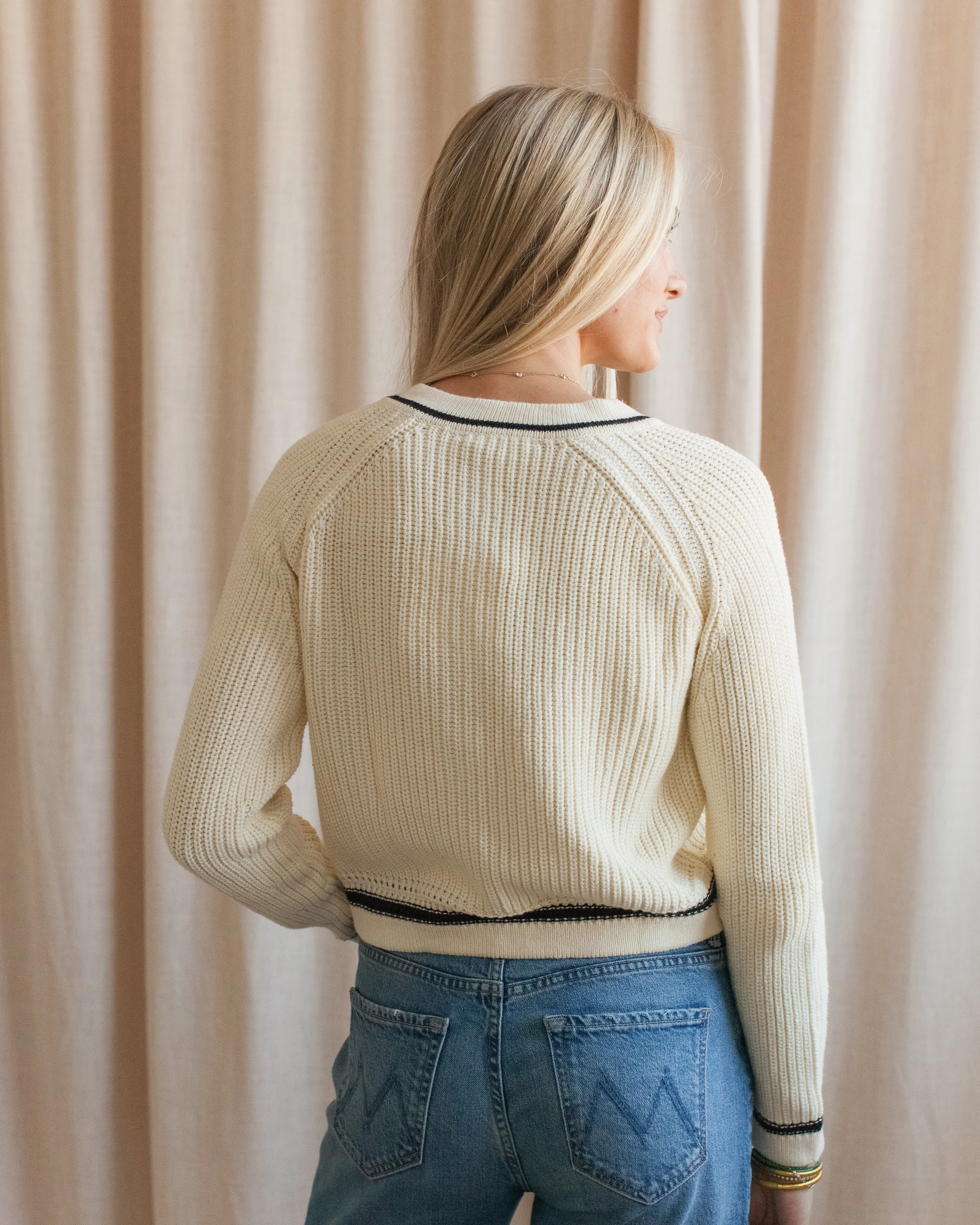 DoubleLayered Collar Cozy Loopback Fabric Esme Contrast Cardigan - Ivory