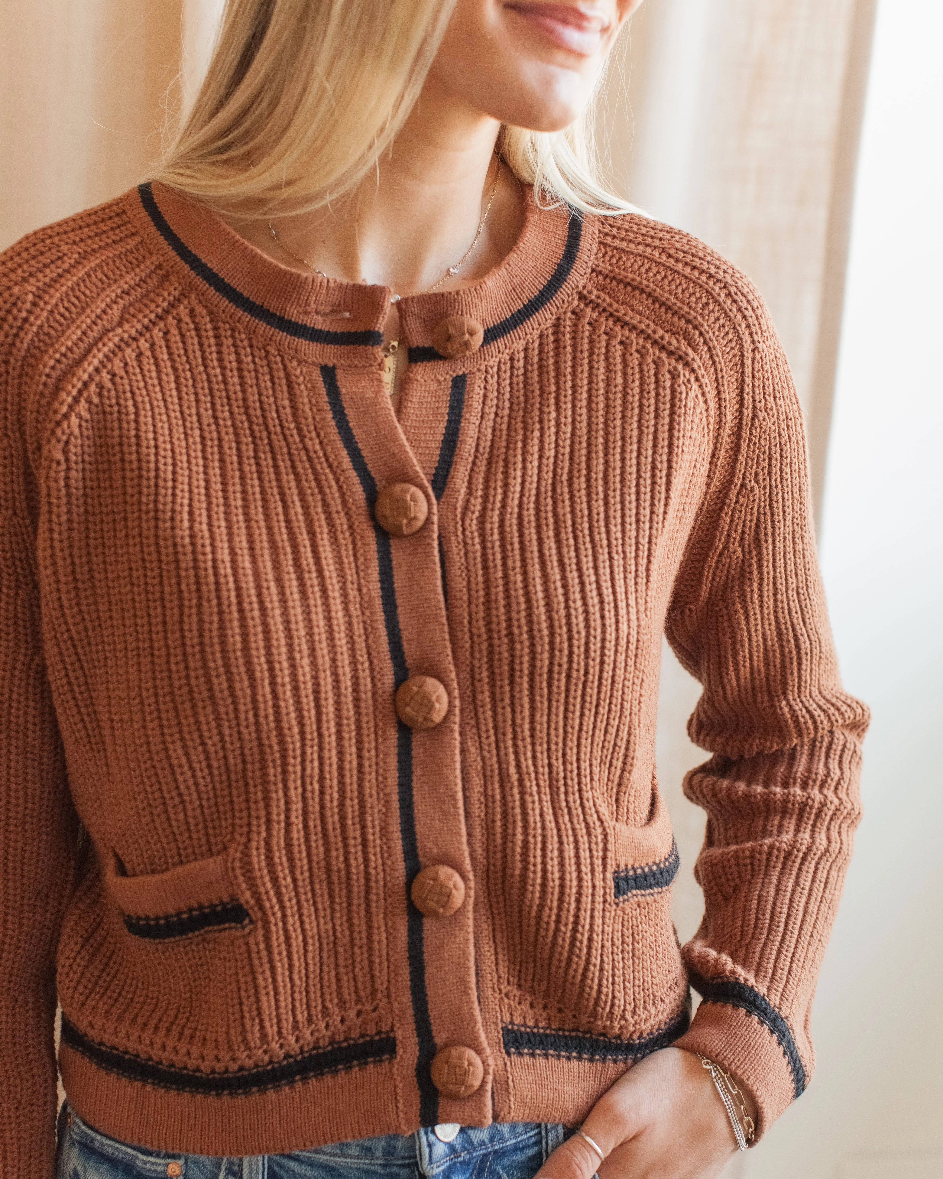 TemperatureRegulating Yarn Esme Contrast Cardigan - Toffee