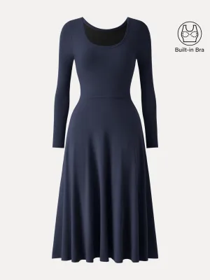 Essential Scoop Neck Long Sleeve Midi Brami Dress with Pockets Pleated-Skirt Flexible Waist