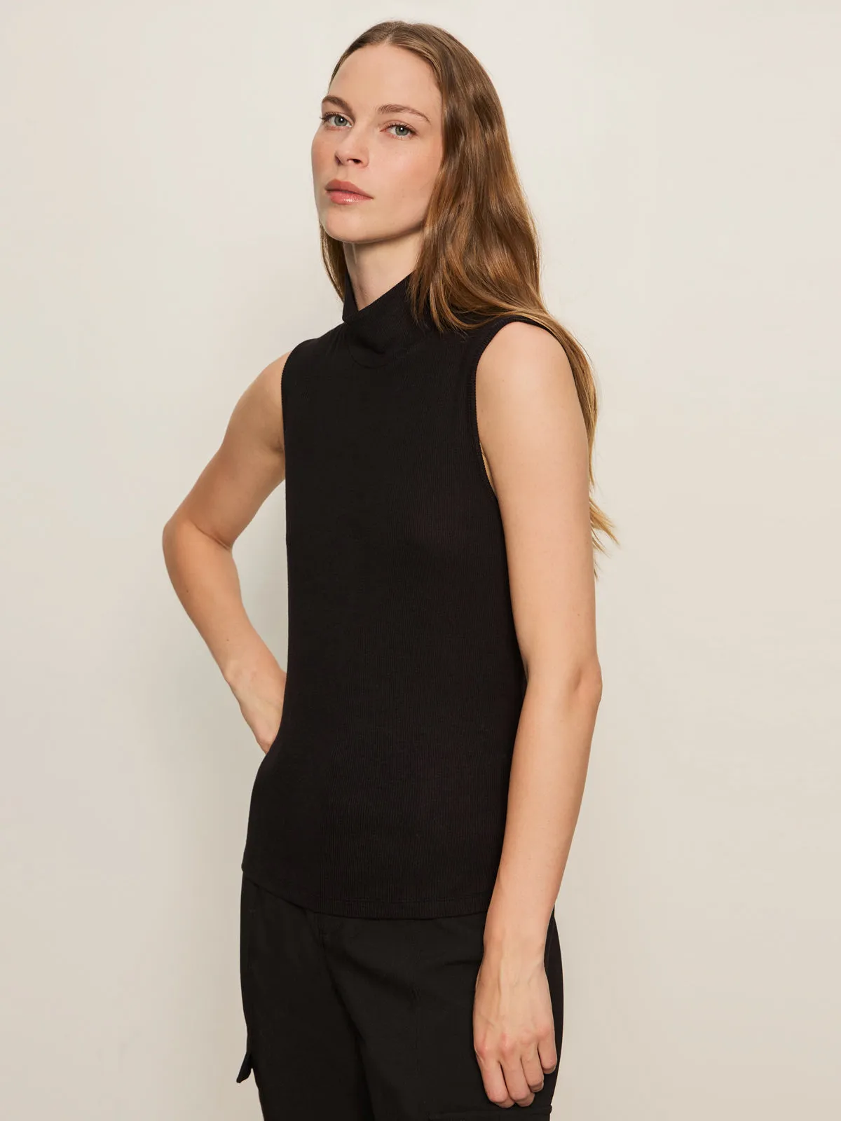 Essential Sleeveless Mock Neck Tank Black Durable Color Retention Water Based Ink Print