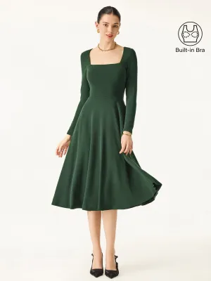 Essential Square Neck Long Sleeve Fit-and-Flare Brami Midi Dress with Pockets Ruffle-Detail