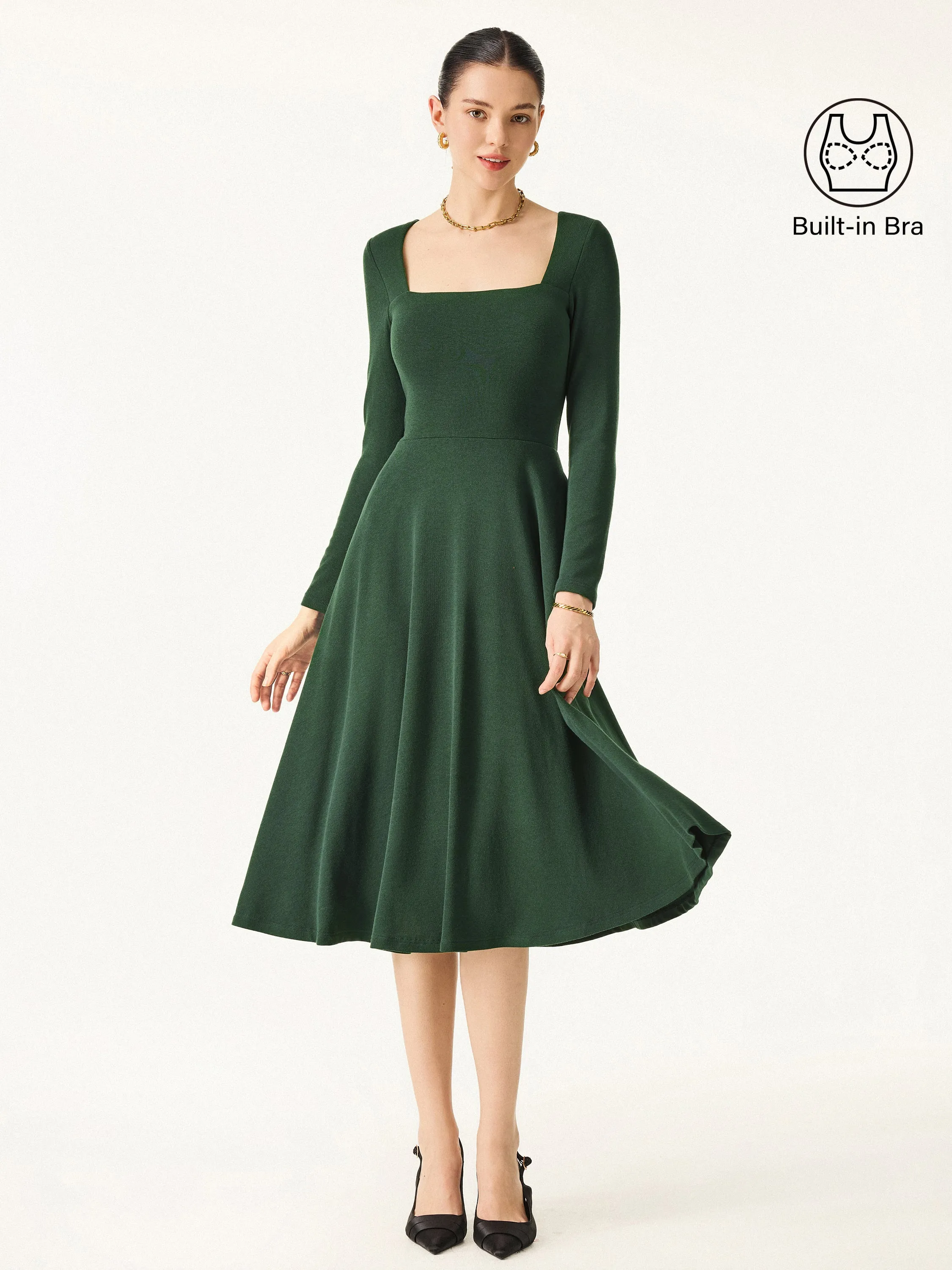 Fluid Fabric Raglan-Sleeve Essential Square Neck Long Sleeve Fit-and-Flare Brami Midi Dress with Pockets