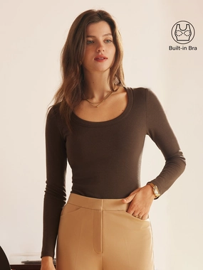 Essential Round Neck Ribbed Long Sleeve Brami Trendy Shirt