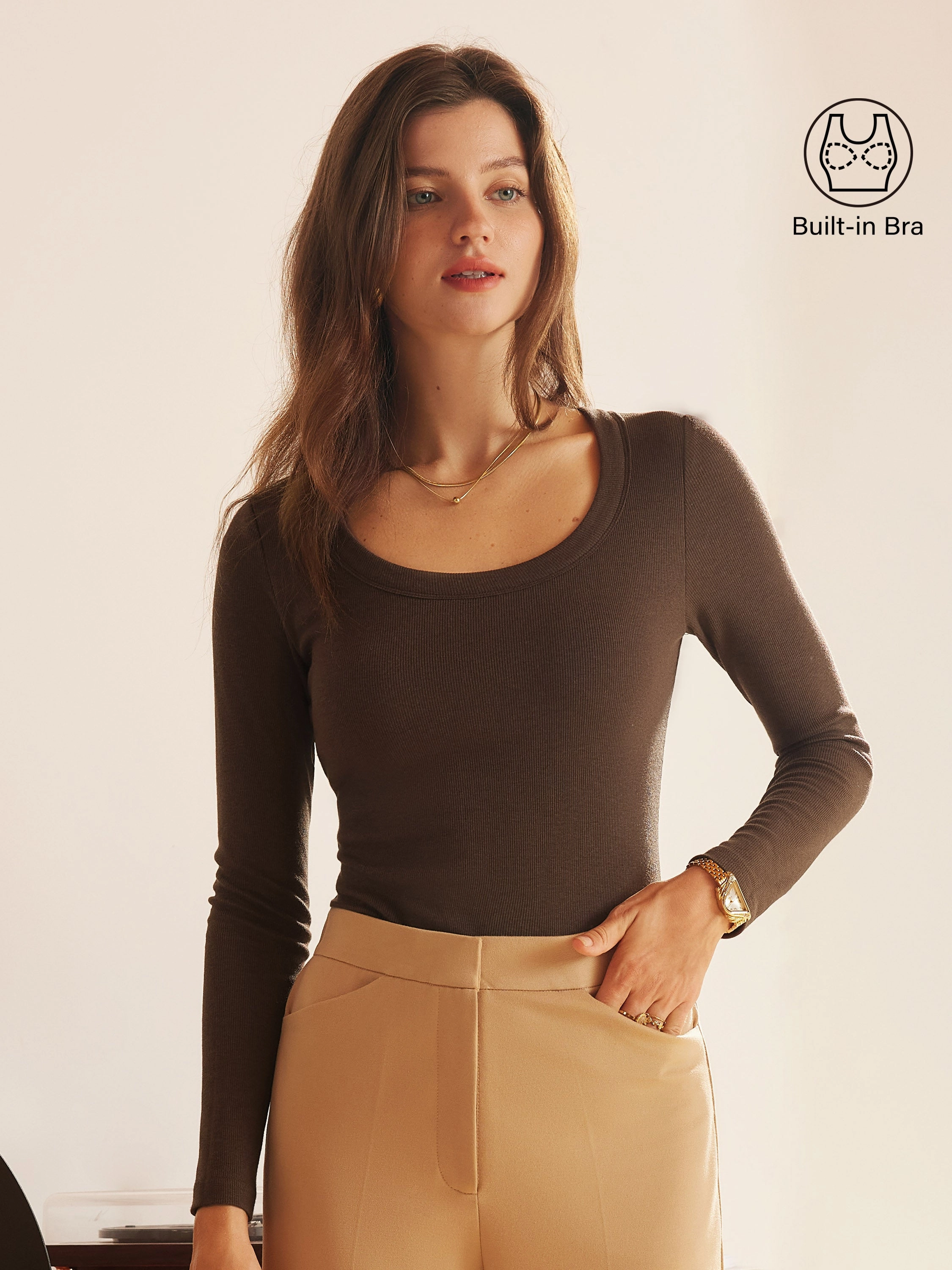Flattering Drape High Neckline Essential Round Neck Ribbed Long Sleeve Brami
