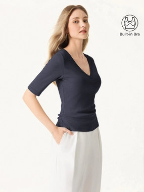 Essential V-neck Elbow Length Sleeve Brami Wrinkle resistant fabric Sporty Blouse