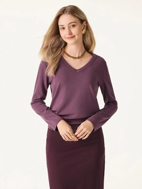 Essential V-neck Long Sleeve Top with Close-fit Hem VentilatedArmholes Ribbed collar