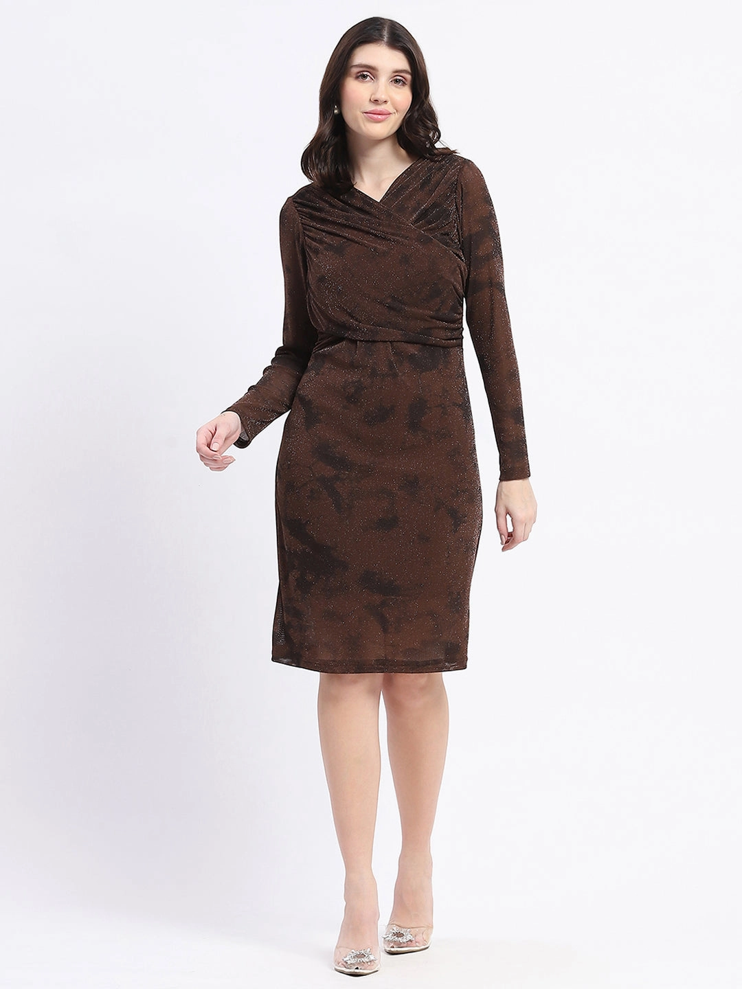 Madame Nylon Blend Front Overlapping Brown Mini Bodycon Mesh Dress FoldablePackaging
