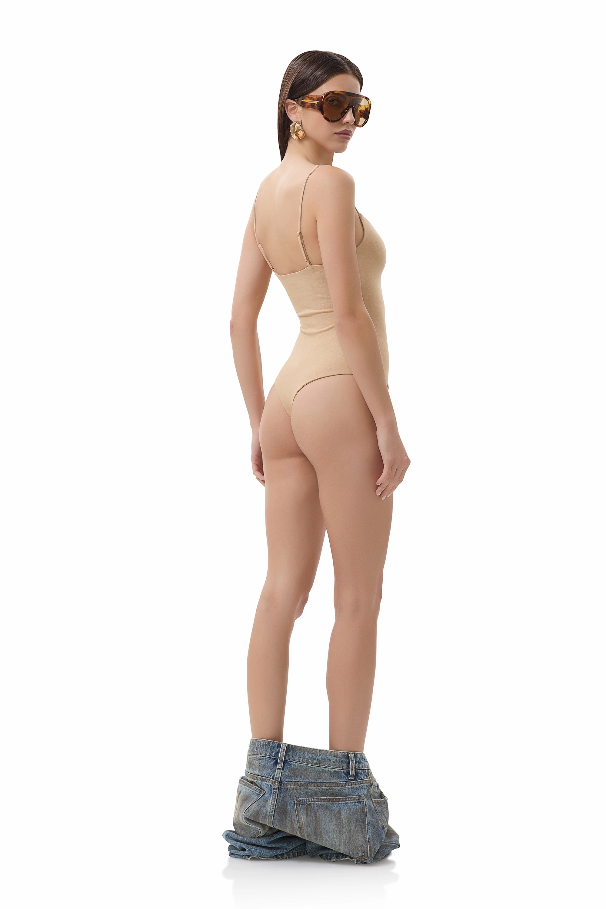 Flexible Knit Fabric Double Layered Hem Ester Bodysuit - Praline