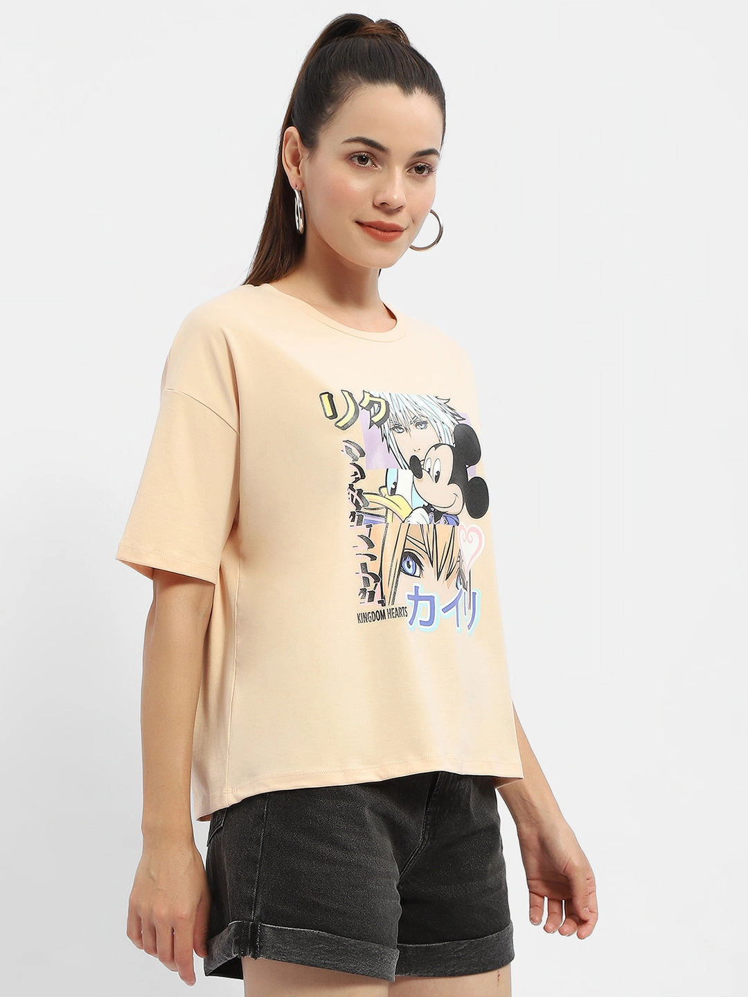 Madame Disney Mickey Mouse Peach Oversized T-Shirt Quick Dry Material DoubleLayeredCollar