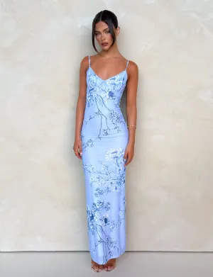 JULIANNA DRESS - BLUE : FLORAL : CERAMIC FLORAL Form Fit WaterRepellentCoating