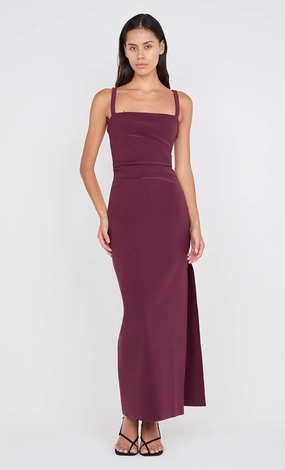 LEORA TUCK MAXI DRESS - PLUM Sheer-Overlay Statement-Piece