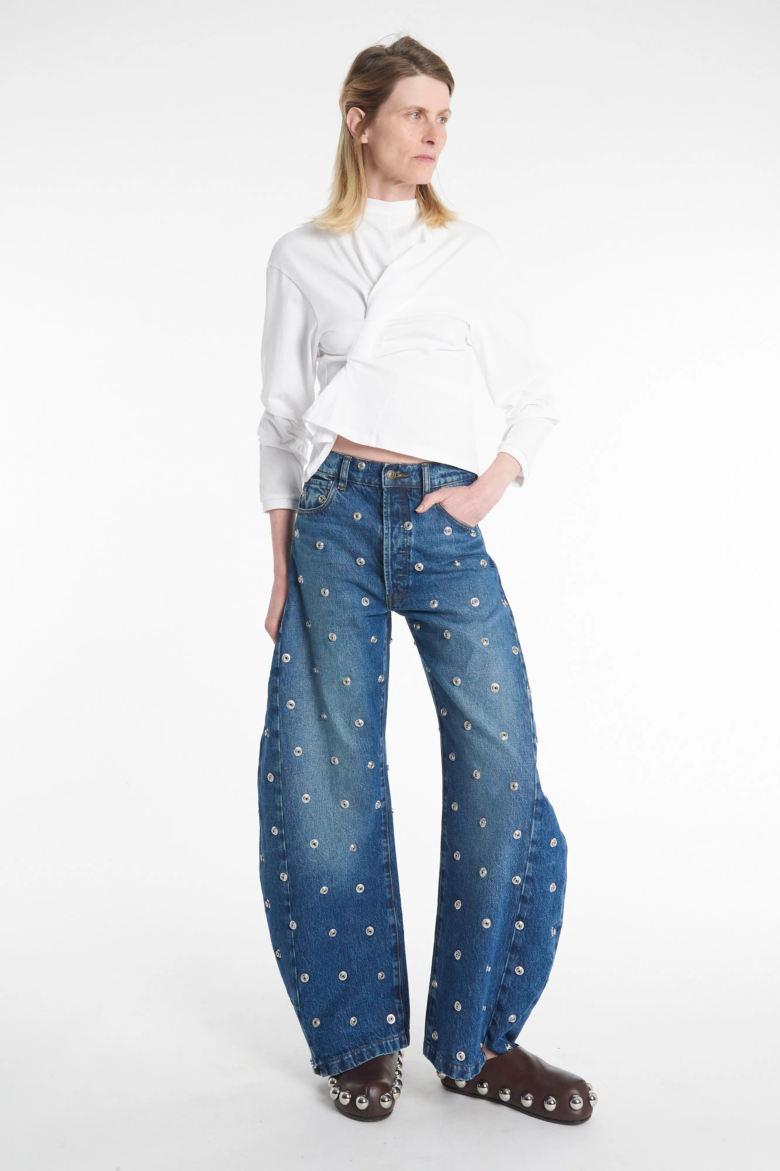 Barrel Leg Construction Studded Organic Jeans Blue Denim