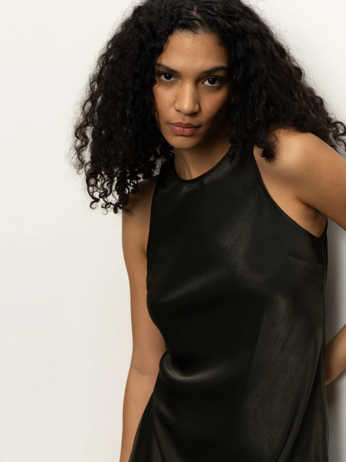 Everyday Satin Dress Black Olive Flowing Layers