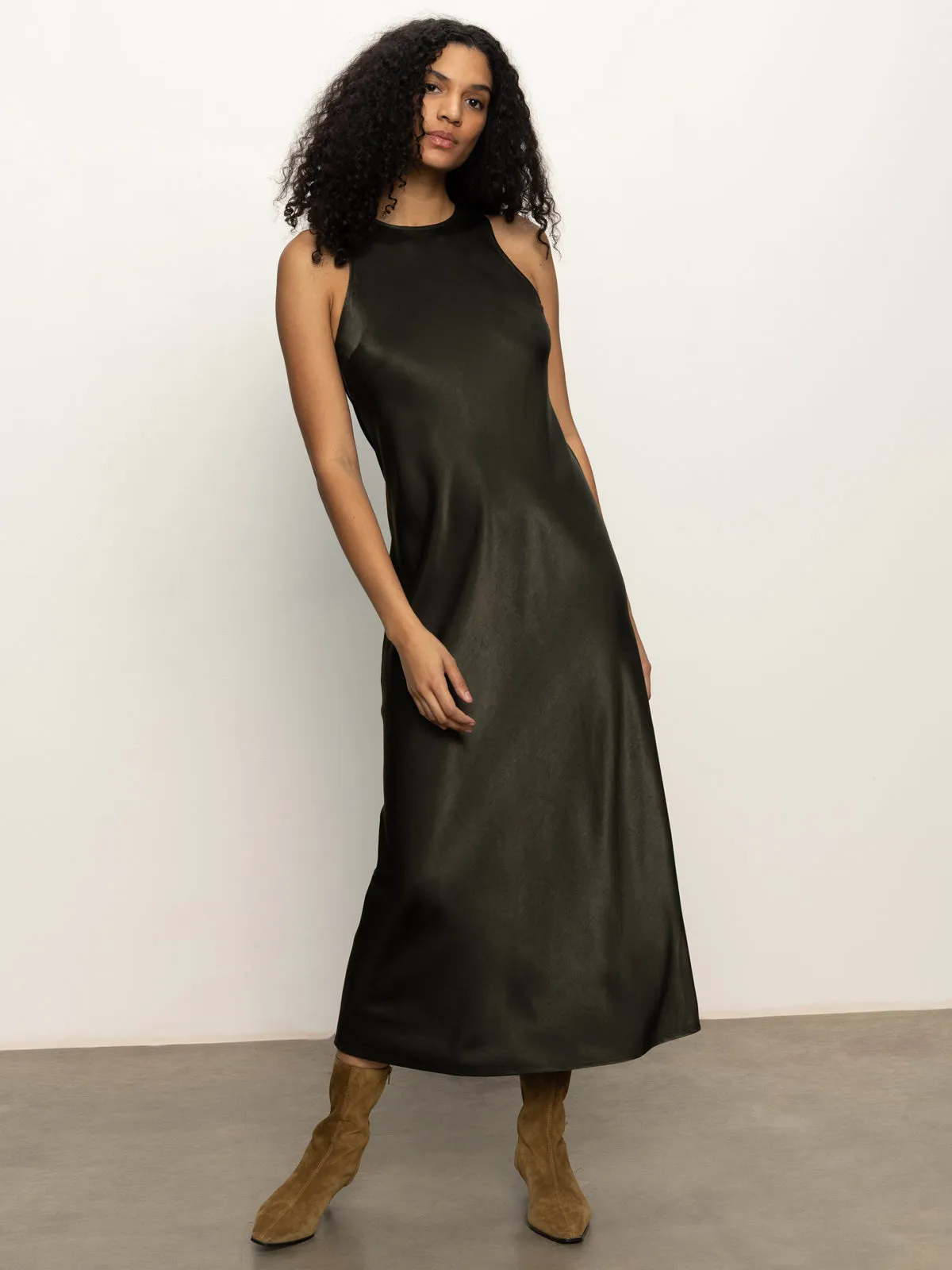 Everyday Satin Dress Black Olive Elegant Waistband