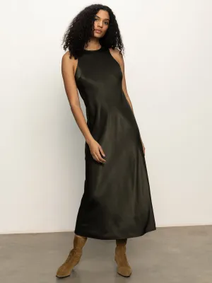 Everyday Satin Dress Black Olive Elegant Waistband
