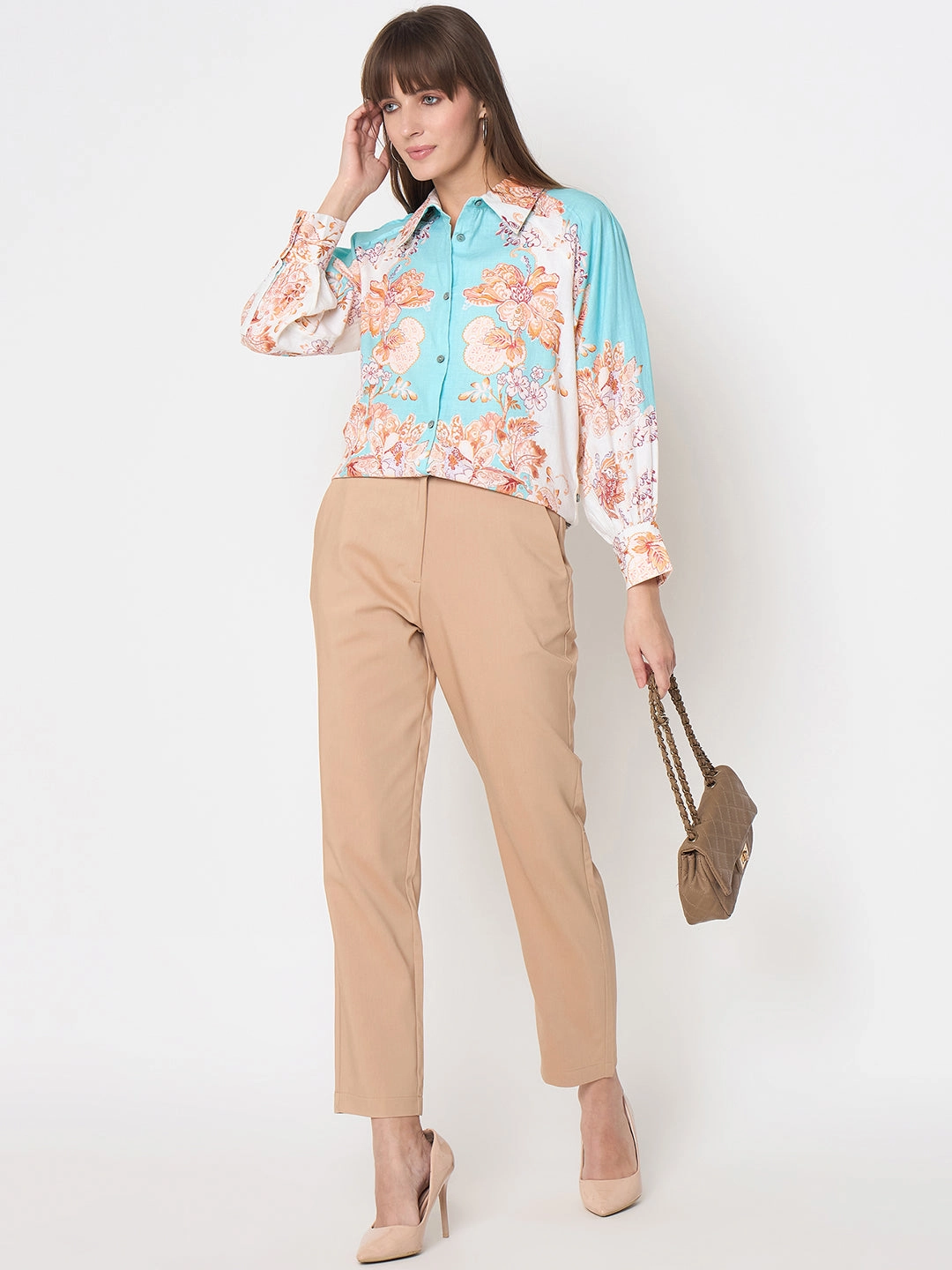 Classic Appeal Madame Floral Print Colorblock Blue Shirt